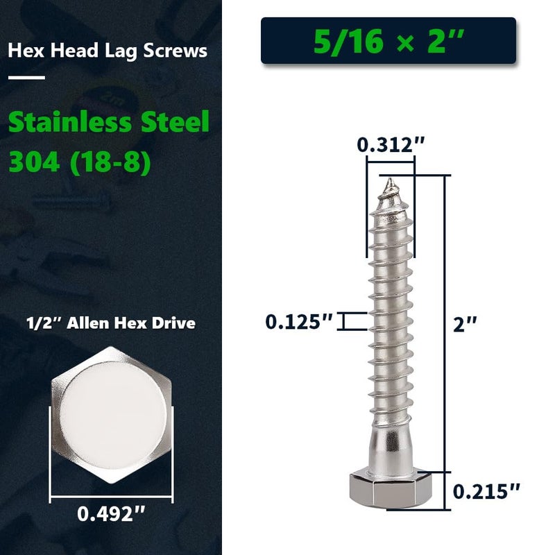 RoyceMart 12-Sets 5/16 x 2 Hex Head Lag Screws & Flat Washers, Heavy Duty Lag Wood Screws, 304 Stainless Steel (18-8), 5/16" Bolt - Image 2
